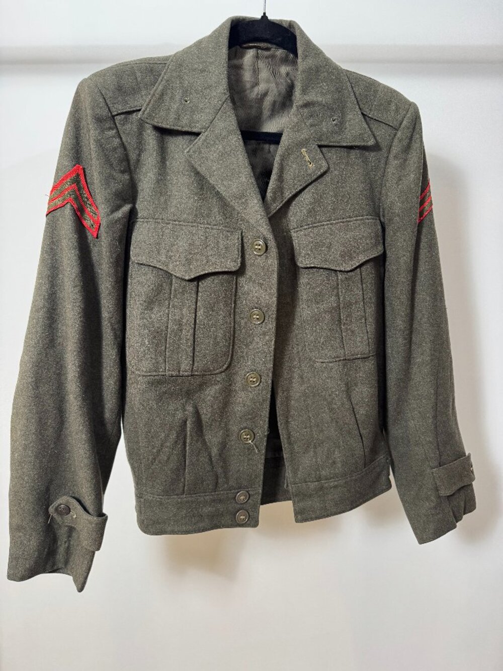 Vintage Olive Wool Style Military Utility Jacket